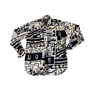 Shah Safari Abstract Pattern Black White Button Up Mens Large